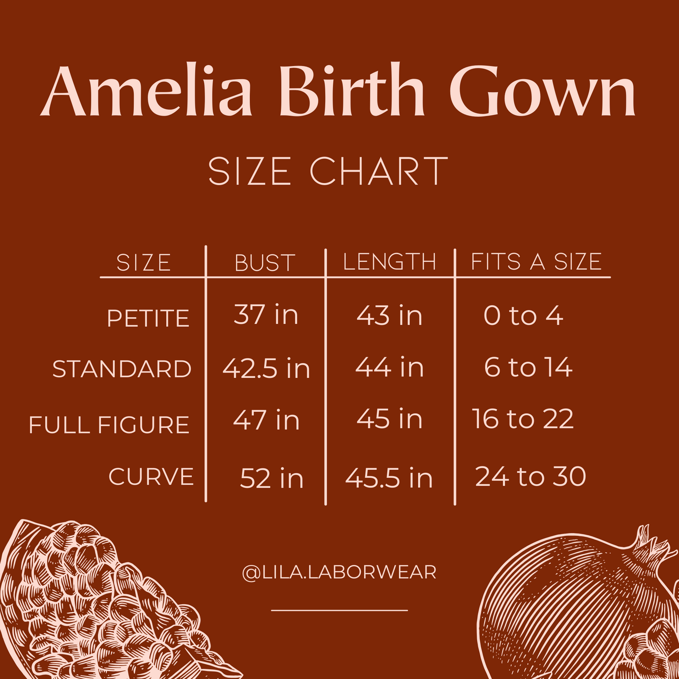 Amelia birth gown size chart