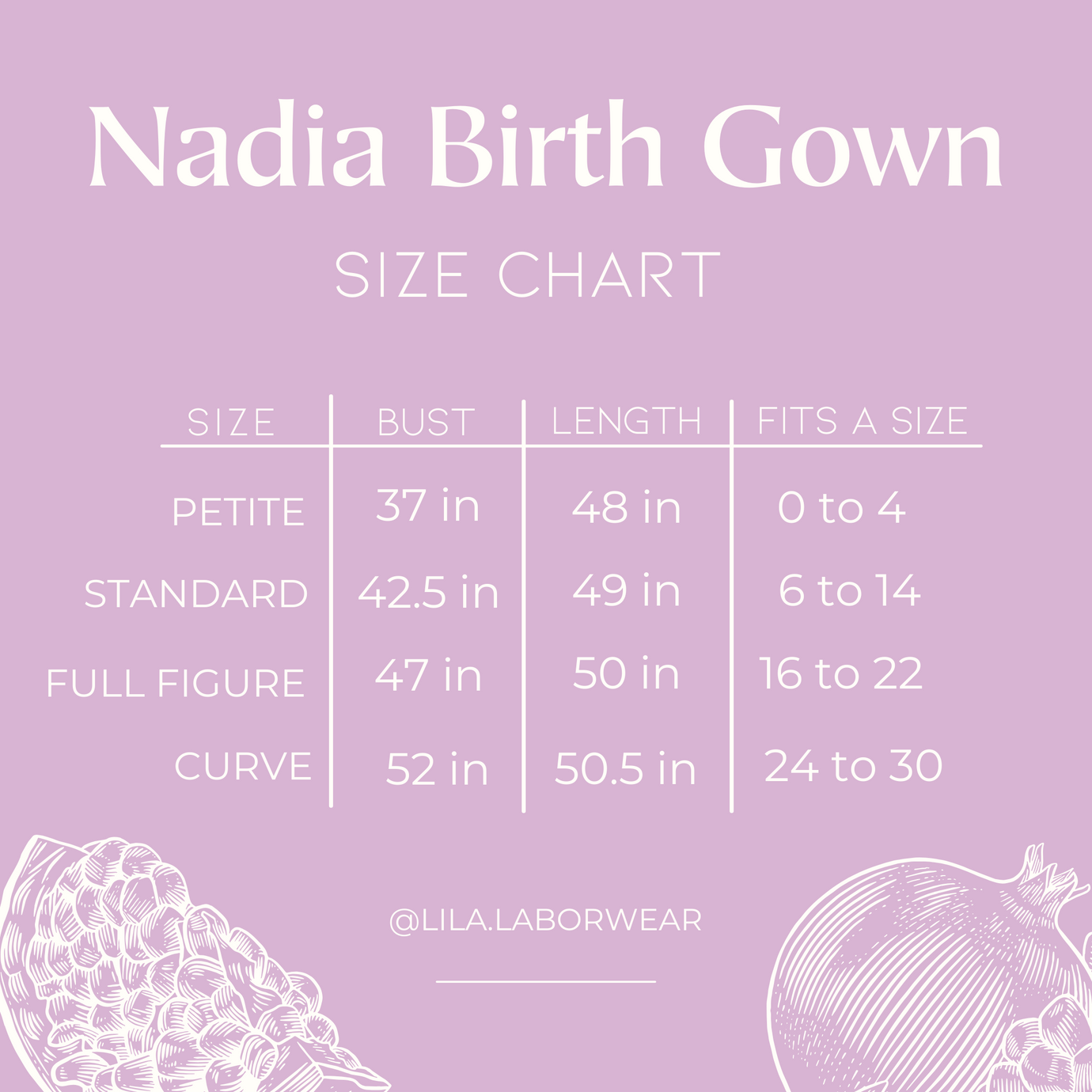 Nadia birth gown size chart
